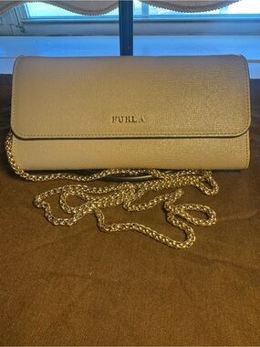 Furla Gray Saffiano Wallet/Crossbody Clutch with Gold Chain
